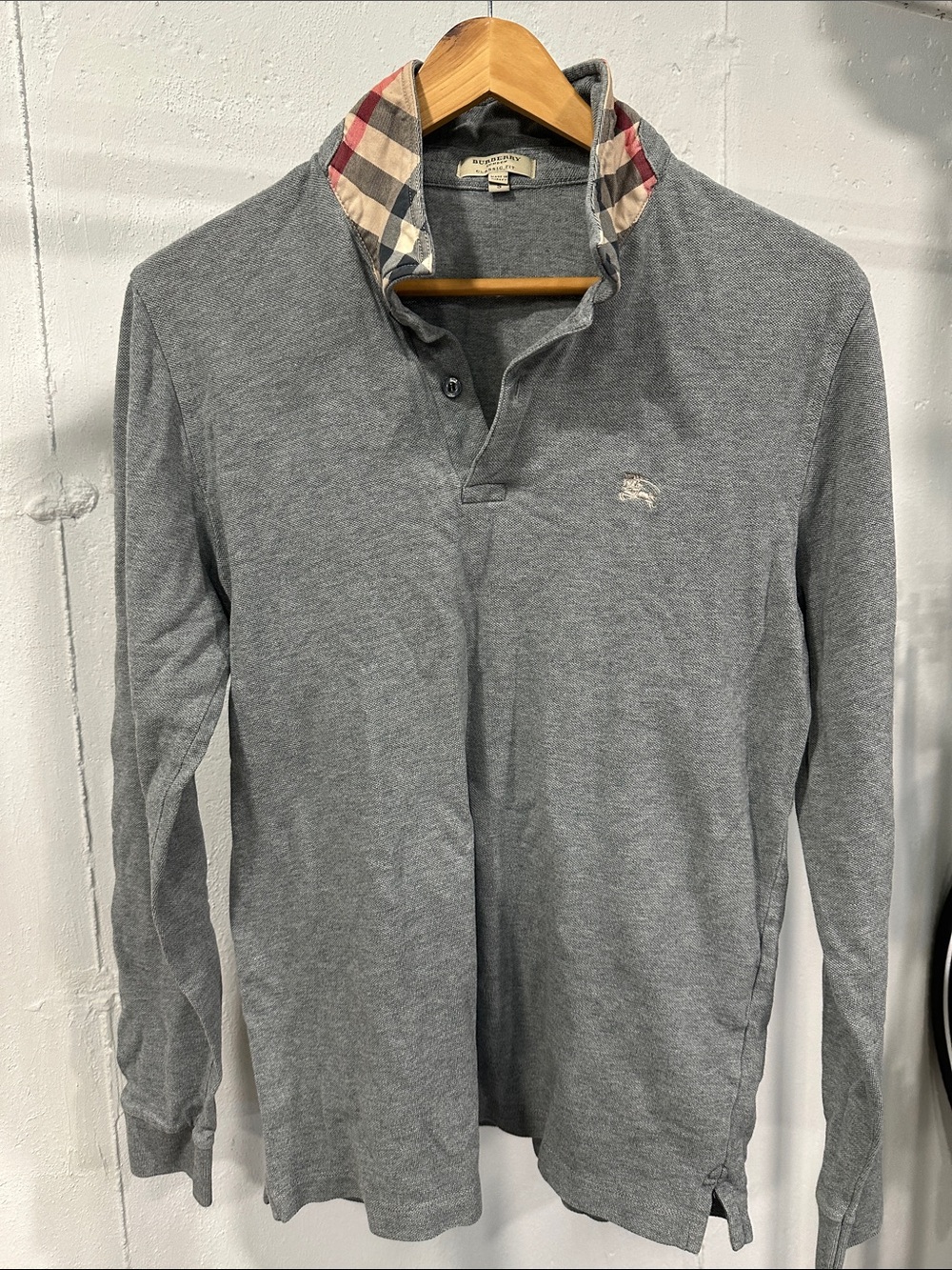 Burberry Grey Long-Sleeve Polo with Signature Check Trim
